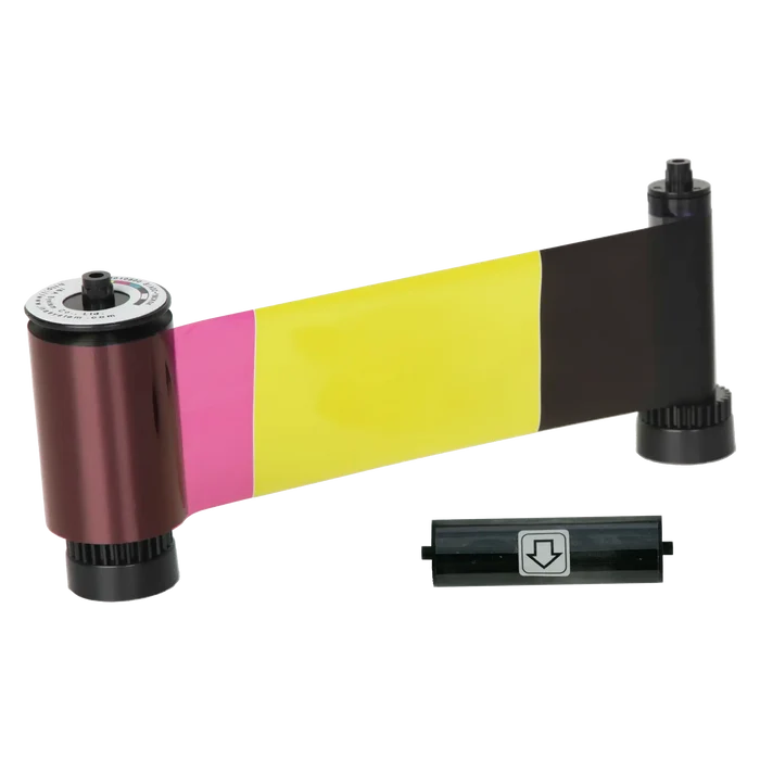 A spooled ribbon cartridge featuring segments of magenta, yellow, and black color bands beside a black plastic piece marked with a downward arrow symbol. The IDP 659376 YMCKOK Color Ribbon, which prints up to 200 cards, is compatible with SMART-31 and SMART-51 card printers, making it perfect for dual-sided card printing.