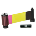 A spooled ribbon cartridge featuring segments of magenta, yellow, and black color bands beside a black plastic piece marked with a downward arrow symbol. The IDP 659376 YMCKOK Color Ribbon, which prints up to 200 cards, is compatible with SMART-31 and SMART-51 card printers, making it perfect for dual-sided card printing.