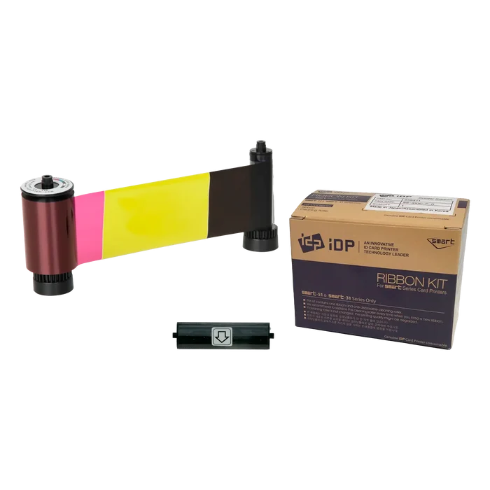 IDP ribbon kit for ID card printers, featuring the IDP 659376 YMCKOK Color Ribbon - 200 Prints and a box labeled "iDP Ribbon Kit," compatible with SMART-31 and SMART-51 card printers, designed for dual-sided card printing.