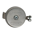 The Key-Bak #481LS-HD Mountable Retractable Reel, featuring a round, silver design with the brand name "KEY-BAK" and manufacturer details engraved on the front, includes a steel cable and comes with an L bracket and hex nut yoke. This heavy-duty key reel is ideal for industrial applications.