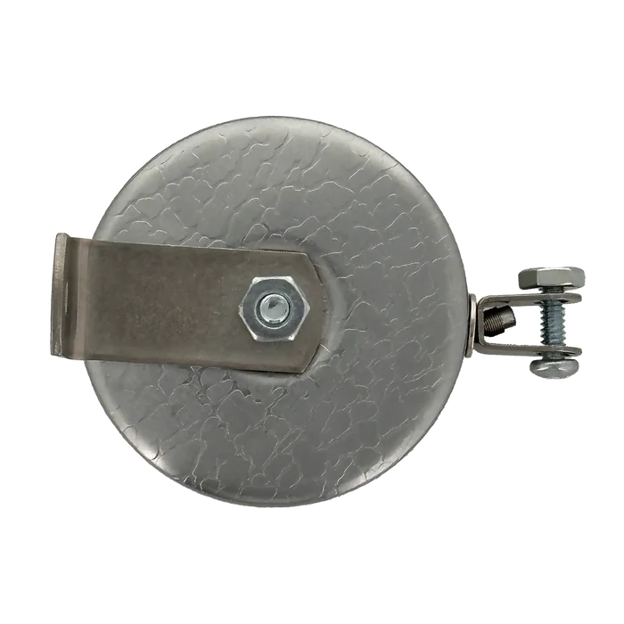 Close-up view of the Key-Bak #481LS-HD Mountable Retractable Reel with a steel cable and L bracket, secured with a hex nut yoke, designed for industrial applications. Sold by Specialist ID.