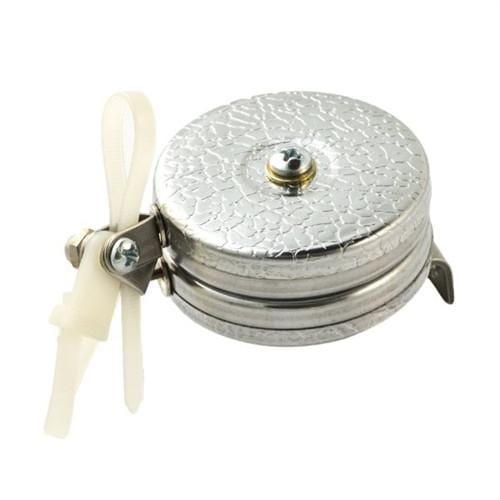 A Key-Bak #481LS-Twin Industrial Dual Retractable Reel with 48" Steel Cable, resembling an industrial retractable reel, with a central screw and an attached white plastic clip. Sold by Specialist ID.