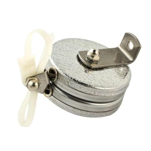 A Key-Bak #481LS-Twin Industrial Dual Retractable Reel with 48" Steel Cable, featuring a mounting bracket and clamp attachment on top, and a white cable tie looped through a component on the side, reminiscent of an industrial retractable reel.
