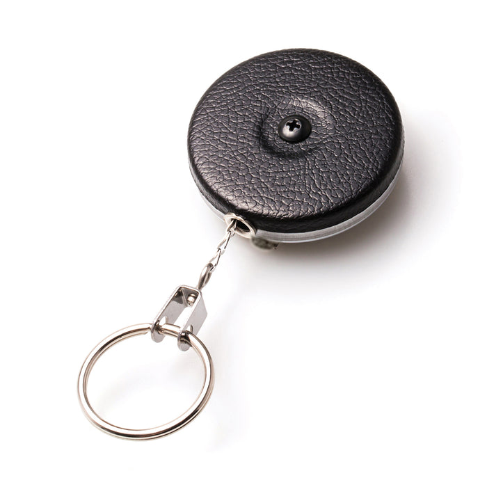 A Key-Bak #5B Self Retracting Heavy Duty Key/Badge Reel with a durable key reel attached, featuring a retractable metal tape and a single button on the front.