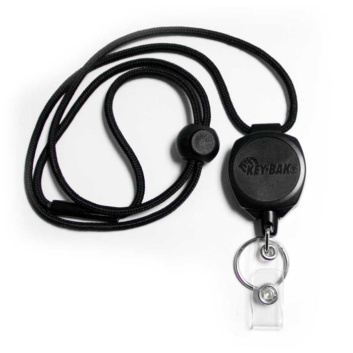 A Key-Bak Heavy Duty Paracord Lanyard With Sidekick Retractable ID Badge & Key Reel (0KB1-0A44) with a round holder and a breakaway lanyard attached. The keychain has a clip at the end and "KEY-BAK" printed on the holder, perfect for use as a badge reel.