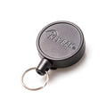 A black retractable Key-Bak Mid Size Key Ring Badge Reel with Belt Clip (#6) with a silver key ring attached, complete with the "KEY-BAK" logo and a convenient belt clip. Sold by Specialist ID.