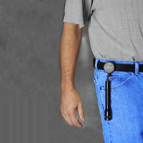 A person wearing blue jeans and a gray shirt has a flashlight attached to a Key-Bak Mid Size Key Ring Badge Reel with Belt Clip (#6) on their belt. Sold by Specialist ID.