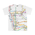 A white kids’ T‑shirt featuring a simplified map of the Manhattan subway lines. The colorful subway routes run vertically down the center of the shirt, with each line shown in its signature color. Station dots and line labels are visible, creating a playful, easy‑to-read design on the crisp white background.