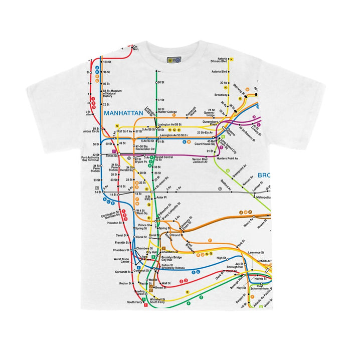 A white kids’ T‑shirt featuring a simplified map of the Manhattan subway lines. The colorful subway routes run vertically down the center of the shirt, with each line shown in its signature color. Station dots and line labels are visible, creating a playful, easy‑to-read design on the crisp white background.