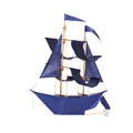 The image is shown on a white background and features a handmade sailing ship kite shaped like a two masted 19th century vessel, measuring about 25–27 inches. It has a lightweight bamboo frame and smooth indigo nylon sails, with raised masts and sail shapes you can feel by touch. Strong yet airy, it flies best in open, windy spaces and can also be hung indoors as a tactile decorative piece.