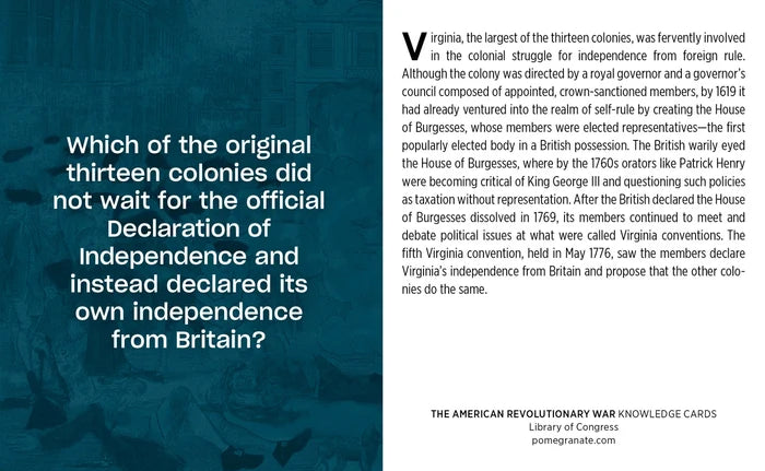 Text card about Virginia's declaration of independence from Britain, with a blue background and text on the right.