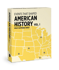 Book/Deck Title: Knowledge Cards: What Happened Here? Events That Shaped American History. Vol. I. A parchment‑colored background with a simple outline of the United States. Small grey dots mark historic event locations across the map. The title appears in bold black lettering above the map.