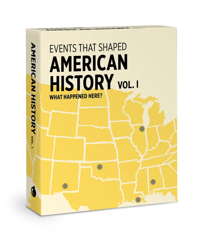 Book/Deck Title: Knowledge Cards: What Happened Here? Events That Shaped American History. Vol. I. A parchment‑colored background with a simple outline of the United States. Small grey dots mark historic event locations across the map. The title appears in bold black lettering above the map.