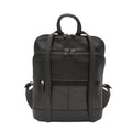 Leather backpack shown against a white background. The backpack features a structured silhouette with adjustable shoulder straps, a front zip compartment and zip pocket. Crafted from genuine leather, it includes a spacious interior with a zip pocket and two slip pockets. Measures approximately 10.75" × 12" × 5".