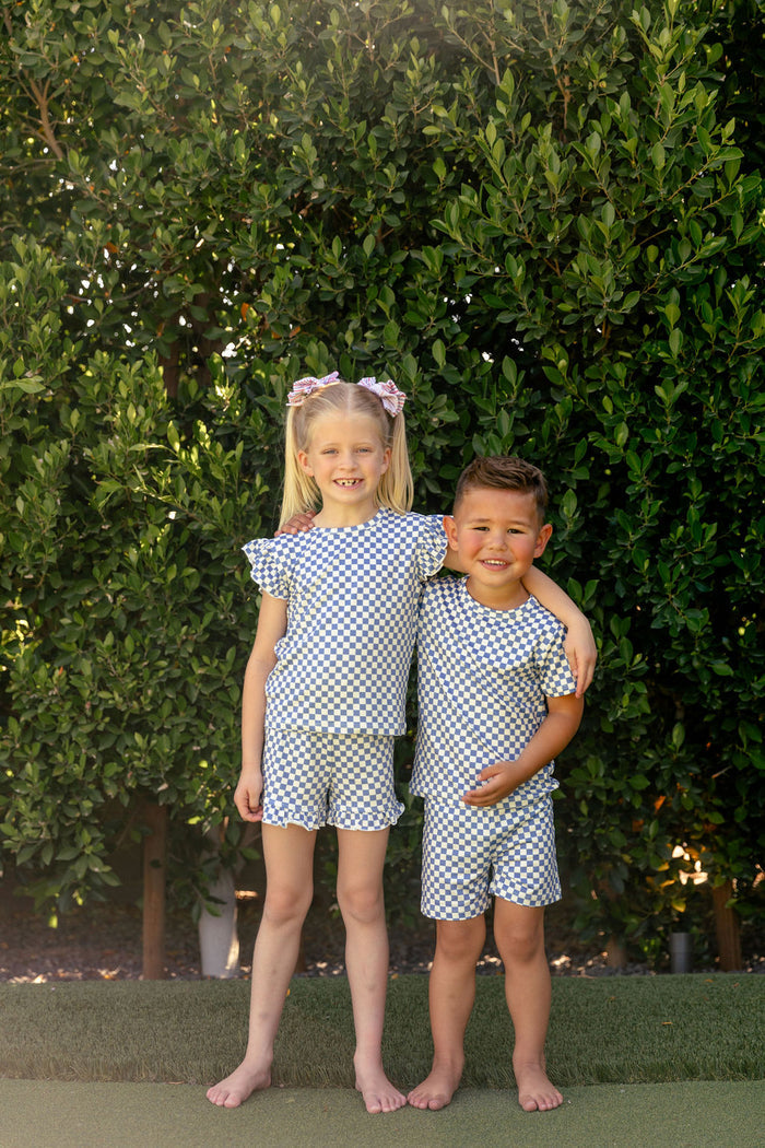 LIBERTY BLUE MINI CHECKER | RUFFLE SHORT SET