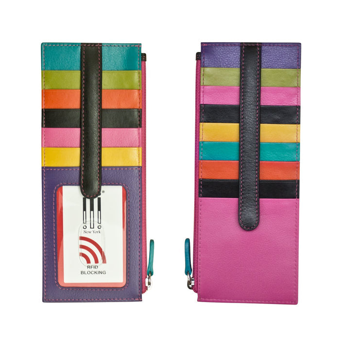 Double-Sided Credit Card Holder in bright multi-color leather shown against a white background. The tall, slim wallet features a textured leather finish and snap-tab closure. One side includes a clear ID window and multiple card slots, while the other side features additional card slots and a vertical zippered pocket for coins or folded cash. Measures approximately 3 inches wide by 7.5 inches long.