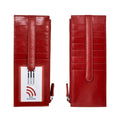 Double-Sided Credit Card Holder in red leather shown against a white background. The tall, slim wallet features a textured leather finish and snap-tab closure. One side includes a clear ID window and multiple card slots, while the other side features additional card slots and a vertical zippered pocket for coins or folded cash. Measures approximately 3 inches wide by 7.5 inches long.