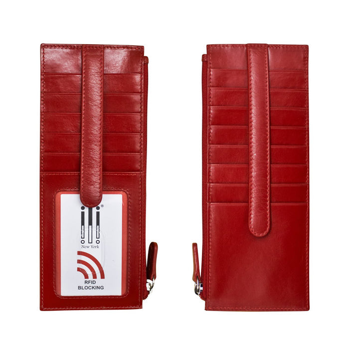 Double-Sided Credit Card Holder in red leather shown against a white background. The tall, slim wallet features a textured leather finish and snap-tab closure. One side includes a clear ID window and multiple card slots, while the other side features additional card slots and a vertical zippered pocket for coins or folded cash. Measures approximately 3 inches wide by 7.5 inches long.