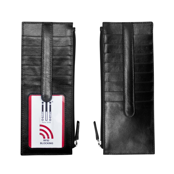 Double-Sided Credit Card Holder in black leather shown against a white background. The tall, slim wallet features a textured leather finish and snap-tab closure. One side includes a clear ID window and multiple card slots, while the other side features additional card slots and a vertical zippered pocket for coins or folded cash. Measures approximately 3 inches wide by 7.5 inches long.