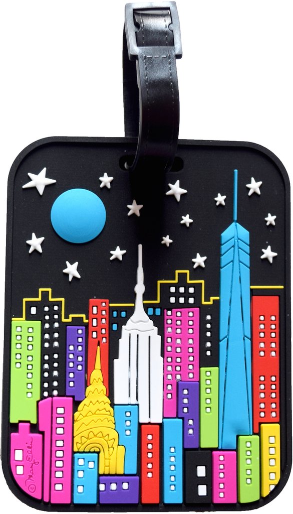 This luggage tag is made of durable 3D PVC with raised, tactile details. It features a cheerful, cartoon‑style New York City skyline at night on a smooth black background, with raised buildings in vivid pink, purple, lime green, blue, red, and fuchsia. Notable tactile landmarks include the Chrysler Building, Empire State Building, and One World Trade Center, along with a raised blue moon and small white stars above. A flat black belt fastener loops through a hole at the top for easy attachment to luggage.