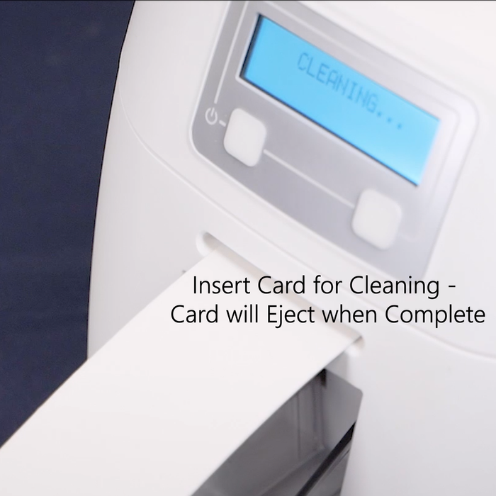 Cleaning card in action with digital display of the ID badge printer and text indicating card insertion for cleaning. Sold by Specialist ID.