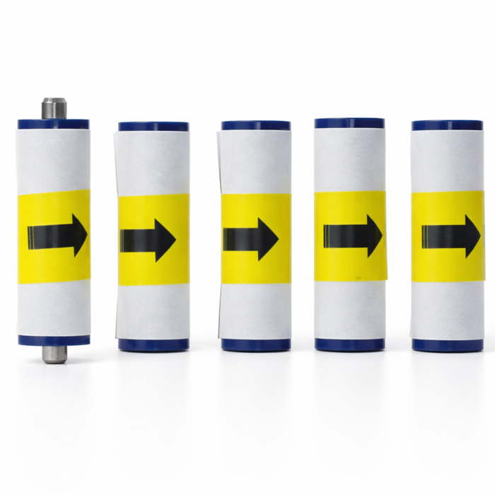 Five cylindrical objects (3633-0054 cleaning rollers for Magicard) with yellow stripes and black arrows on a white background