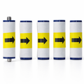 Five cylindrical objects (3633-0054 cleaning rollers for Magicard) with yellow stripes and black arrows on a white background