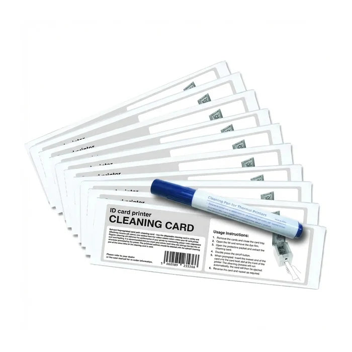 A set of Magicard E9100 Pronto100 Cleaning Kit cards fanned out, with a blue and white Magicard cleaning pen on top.