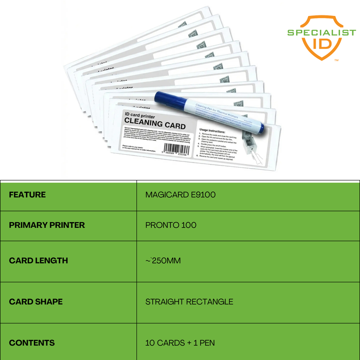 Magicard E9100 Pronto100 Cleaning Kit includes 10 cleaning cards (~250mm) and 1 printer cleaning pen, compatible with Magicard E9100 and Pronto 100 printers.