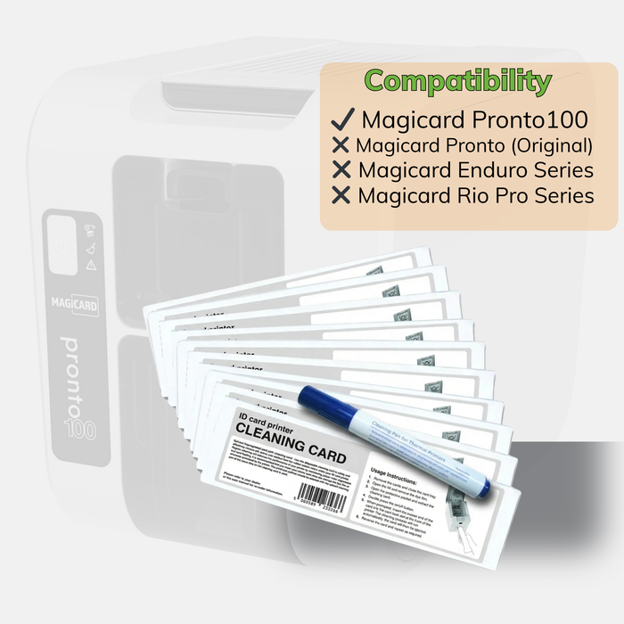 The Magicard E9100 Pronto100 Cleaning Kit includes cleaning cards and a pen, with a compatibility list detailing supported and unsupported Magicard printer models.