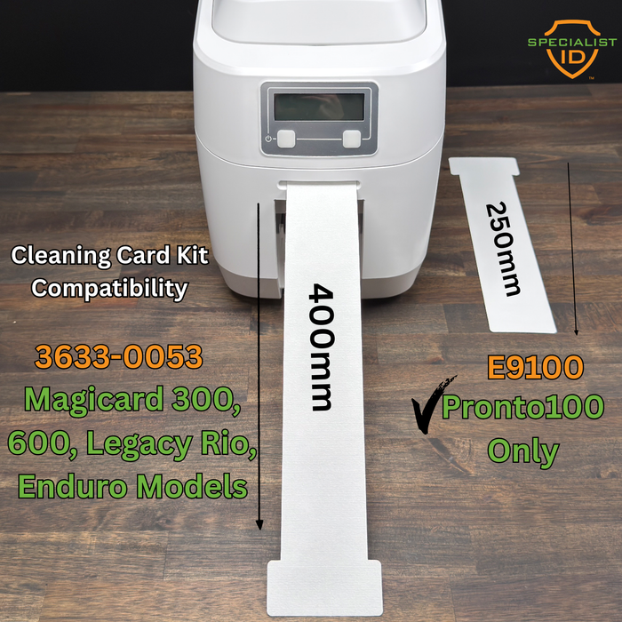 The Magicard E9100 Pronto100 Cleaning Kit includes a 400mm card for select models, a 250mm card for the Pronto100, and a cleaning pen—ensuring full compatibility including with the Magicard Pronto 100.