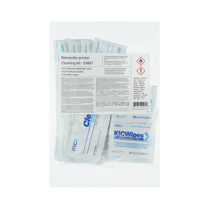Packaged Magicard E9887 Retransfer Printer Cleaning Kit for Prima 4 and Prima 8 ID Card Printers, including electronics cleaning swabs, folded instruction sheets, and rectangular white pads.