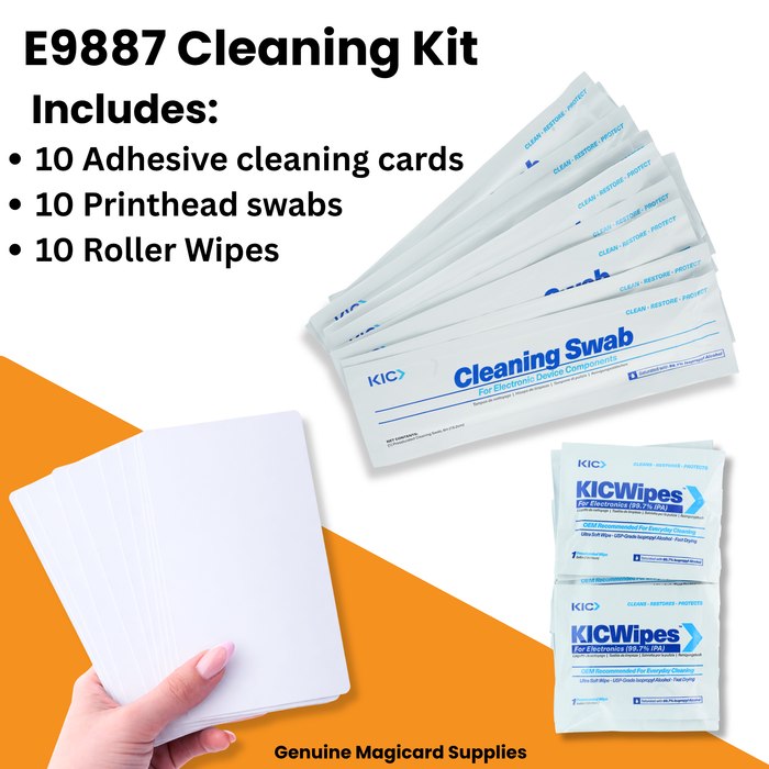 Magicard E9887 Cleaning Kit for Prima 4 and Prima 8 ID Card Printers, including 10 cleaning swabs, 10 roller wipes, and 10 adhesive rectangular white cleaning cards