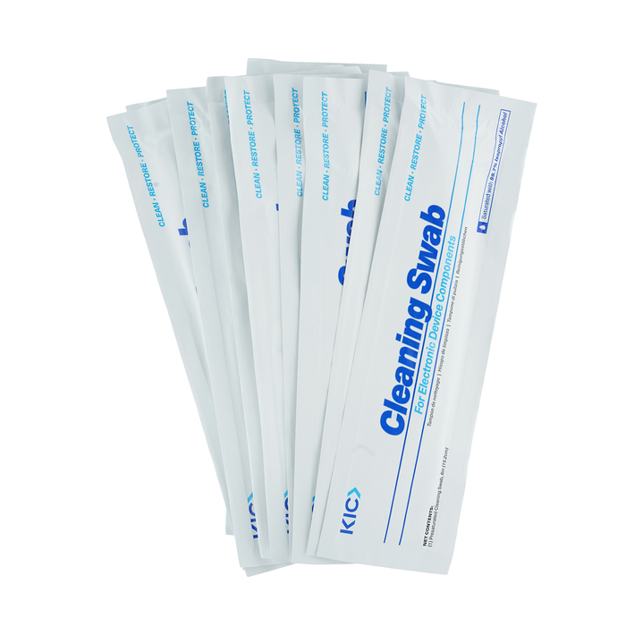 A set of six individually packaged cleaning swabs in white wrappers labeled “Cleaning Swab” with blue text are included in the Magicard E9887 Cleaning Kit for the Magicard Prima 8 ID Card Printer—ideal for maintaining your printer’s printhead as part of your regular cleaning routine.