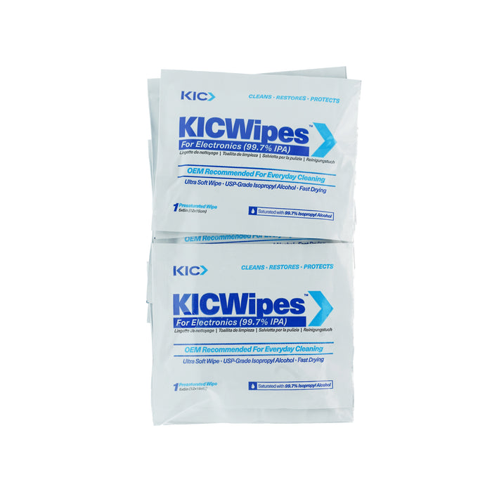Two packets from the Magicard E9887 Cleaning Kit for the Magicard Prima 8 ID Card Printer, labeled as 99.7% IPA electronics cleaning wipes, are placed side by side on a white background—an ideal companion for detailed tasks such as Magicard printhead or Prima 8 printer cleaning.