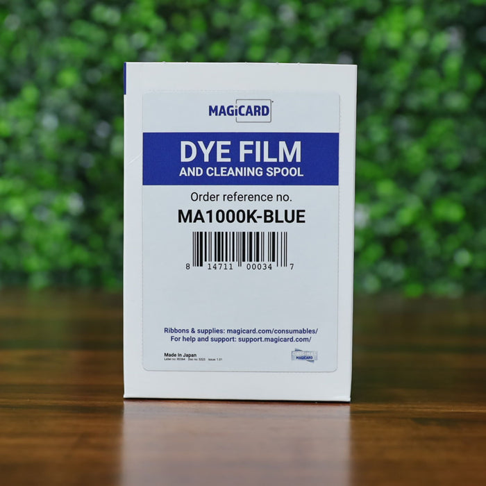 Magicard MA1000K-Blue monochrome ribbon cartridge in retail packaging on white background. Photographed and sold by Specialist ID, an authorized Magicard dealer