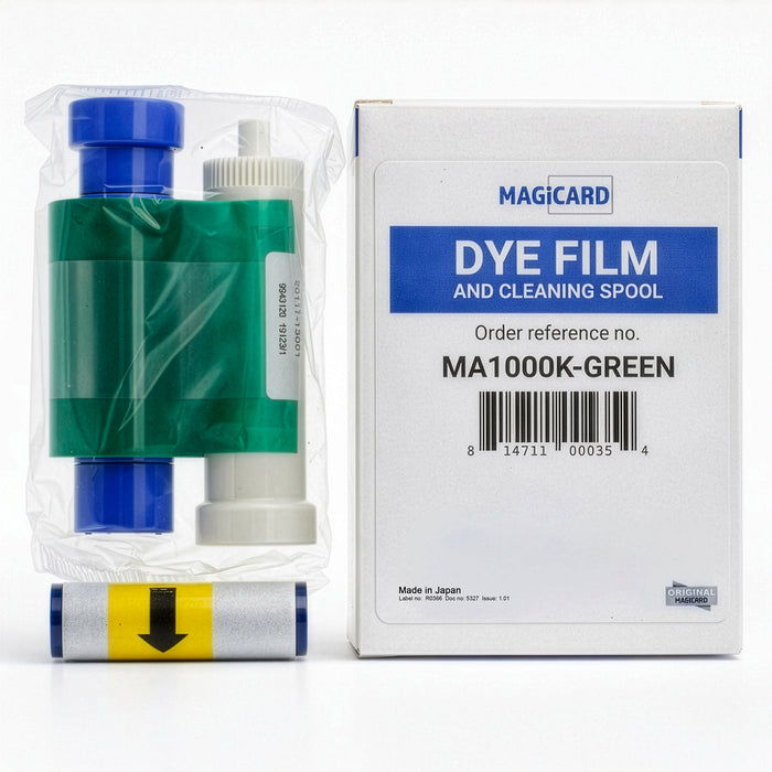 A Magicard MA1000K-GREEN Green Monochrome Ribbon for Enduro+, Enduro3E, and Rio Pro ID card printers (1,000 prints) is displayed beside its packaging with barcode and printing info.