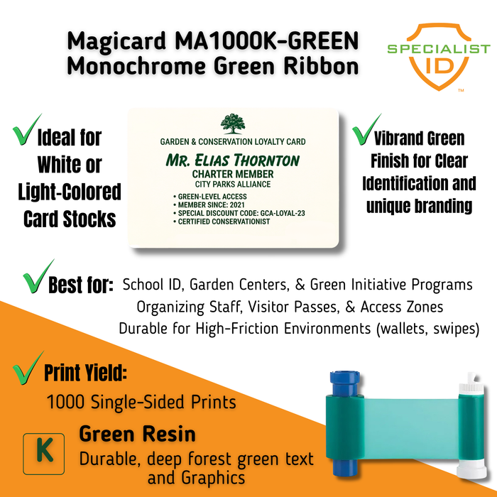 Promotional graphic for the Magicard MA1000K-GREEN Green Monochrome Ribbon (1,000 prints) for Enduro+, Enduro3E, and Rio Pro ID card printers highlights features, print yield, and ideal use on white or light cards, with images of the ribbon and sample printed cards.