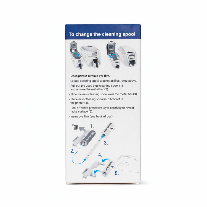 Box with step-by-step illustrated instructions and text for replacing the Magicard MA1000K-GREEN Green Monochrome Ribbon in Enduro+, Enduro3E, and Rio Pro printers—ensuring top-quality ID card printing for up to 1,000 prints.