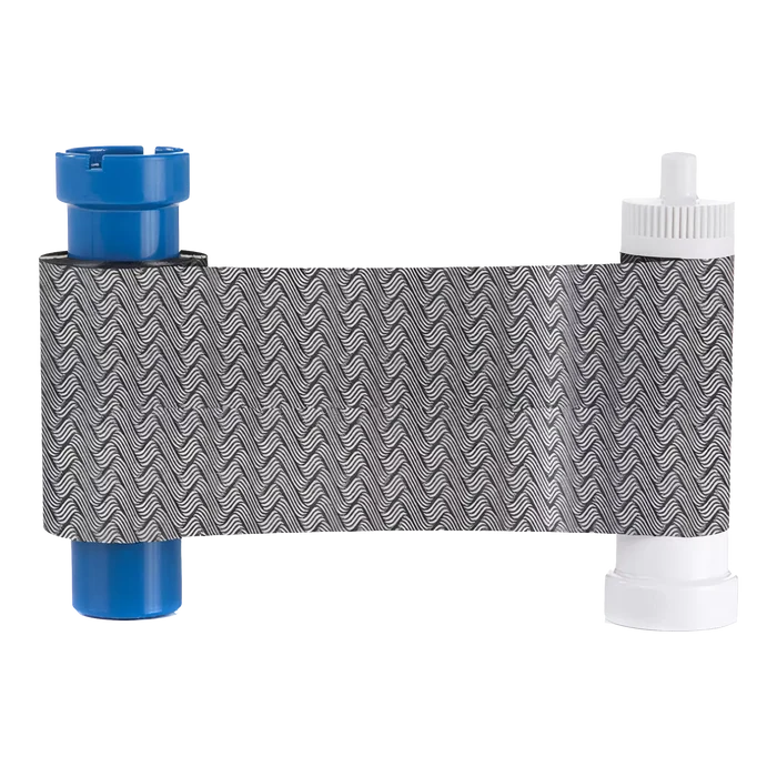 Magicard MA1000K-Scratch monochrome scratch-off ribbon with wavy gray pattern, wound between blue and white spools, sold by Specialist ID, an authorized Magicard dealer.