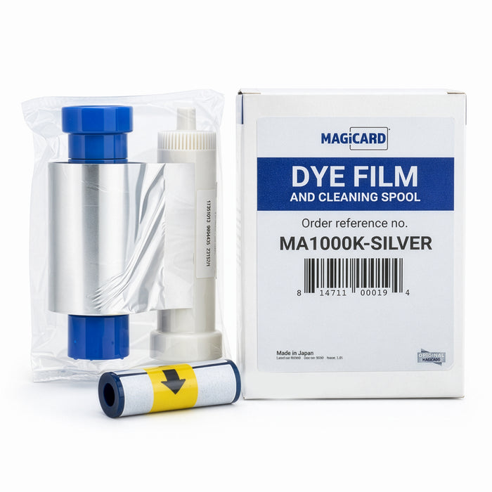 The Magicard MA1000K-SILVER Silver Monochrome Ribbon set for Enduro+, Enduro3E, and Rio Pro ID Card Printers includes a dye film roll, cleaning spool, and box; yields 1,000 prints.