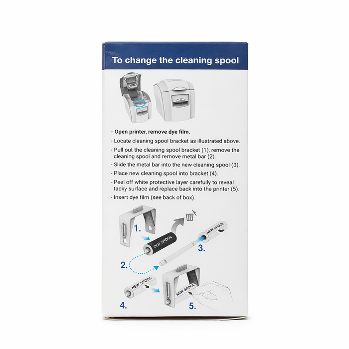 Box includes illustrated step-by-step instructions for replacing the Magicard MA1000K-SILVER Silver Monochrome Ribbon in Enduro+, Enduro3E, and Rio Pro printers, covering ribbon handling, spool changes, and protective tape removal.