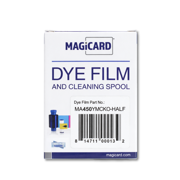 MAGICARD dye film and cleaning spool packaging MA450YMCKO-HALF YMCKO Color Ribbon, compatible with Enduro+, Pronto, and Rio Pro ID Card Printers, includes blue, pink, and clear sections for 450 prints on a white background.