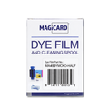 MAGICARD dye film and cleaning spool packaging MA450YMCKO-HALF YMCKO Color Ribbon, compatible with Enduro+, Pronto, and Rio Pro ID Card Printers, includes blue, pink, and clear sections for 450 prints on a white background.