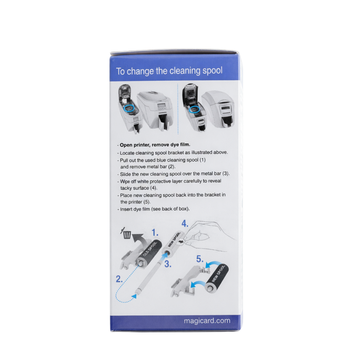 Instructional diagram on the printer box shows steps to replace the Magicard MA450YMCKO-HALF Color Ribbon for Enduro+, Enduro3E, and Rio Pro ID card printers (450 prints), using images, numbered illustrations, and clear text directions.