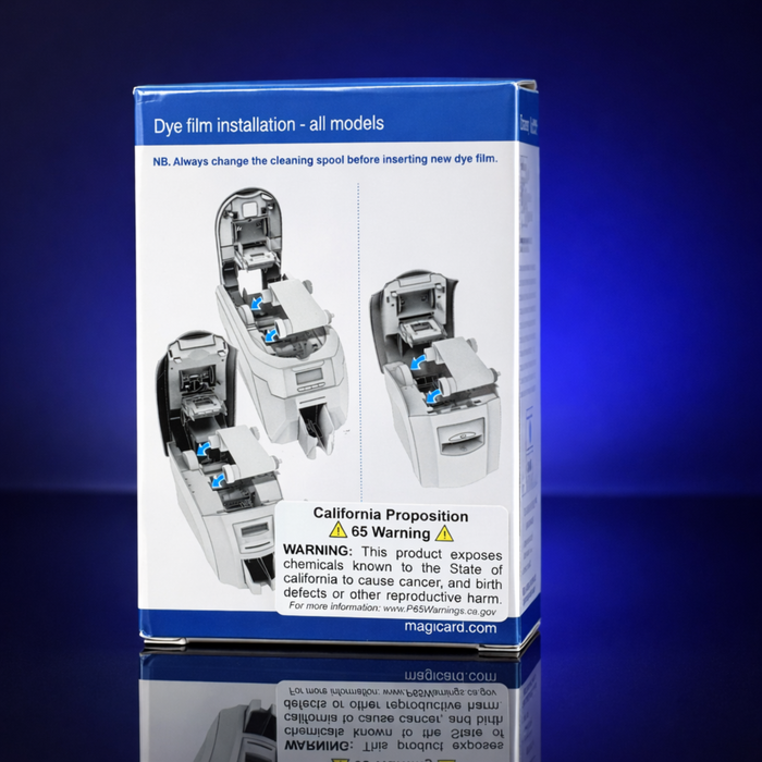 A box with installation instructions, diagrams, and a California Proposition 65 warning, designed for the Magicard MA450YMCKO-HALF Color Ribbon for Enduro+, Enduro3E, and Rio Pro ID card printers (450 prints).