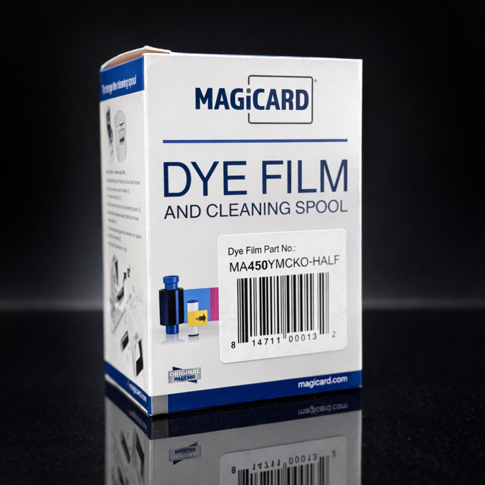 A box labeled "Magicard MA450YMCKO-HALF Color Ribbon for Enduro+, Enduro3E, and Rio Pro ID Card Printers, 450 Prints" with product details and barcode shown on the front.