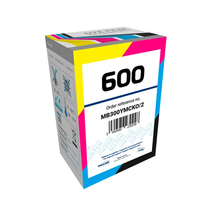 Colorful box labeled "600" with order reference number MB300YMCKO/2, designed for the Magicard 600 ID card printer. It features various product details, barcodes, and handling instructions on the sides. This box contains Magicard MB300YMCKO YMCKO Ribbon - 300 Prints essential for high-quality ID card printing. Sold by Specialist ID, an authorized Magicard dealer.
