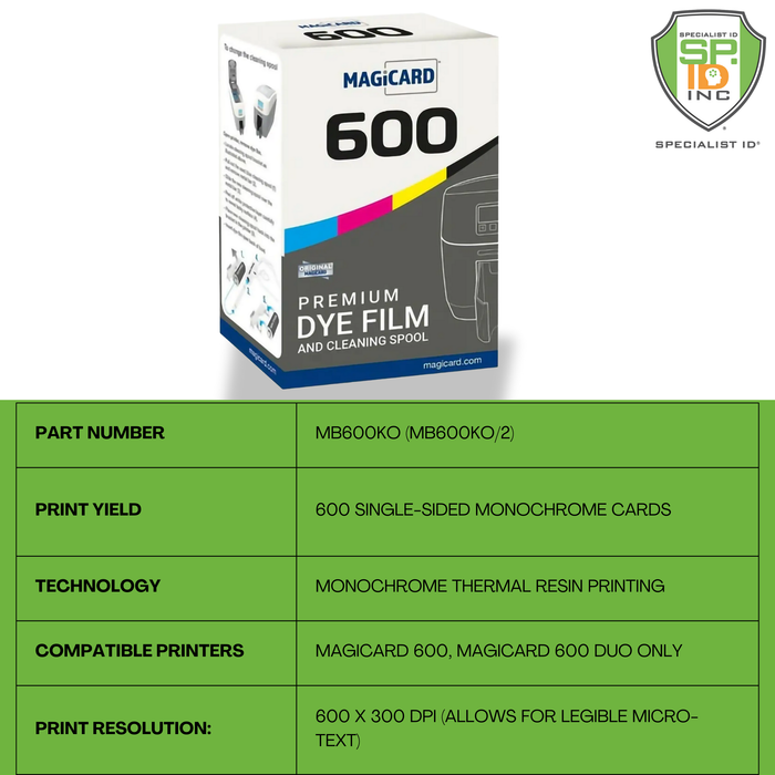 Magicard MB600KO Black Ribbon with Overlay box for Magicard 600/600 Duo printers, prints 600 mono cards, part number MB600KO, and delivers sharp 600x300 dpi resolution. Sold by Specialist ID.