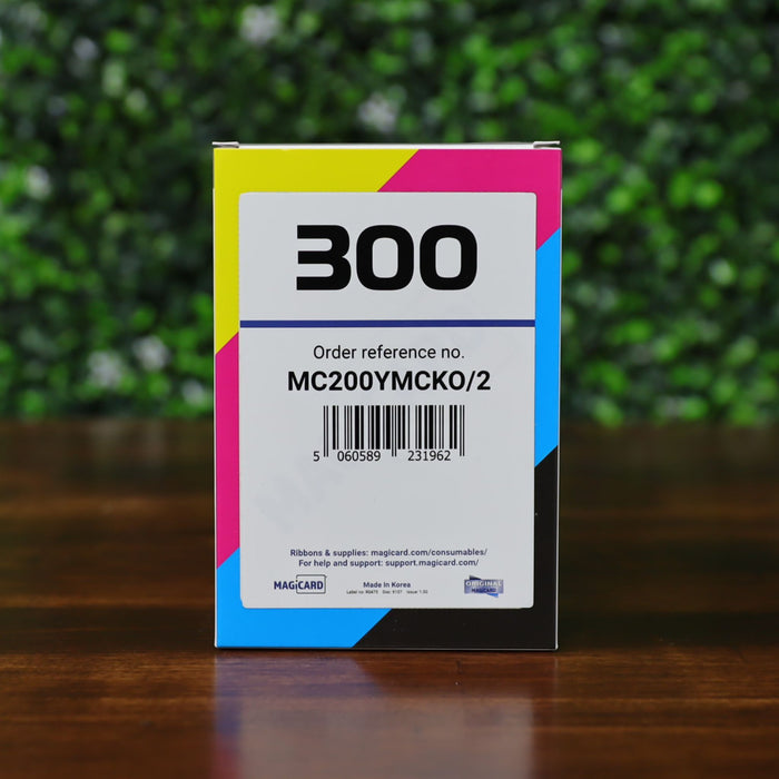 Front of the Magicard MC200YMCKO/2 dye film and cleaning spool box, labeled “300” with part number and barcode clearly visible. Includes support and supply information. Photographed and sold by Specialist ID, an authorized Magicard dealer.